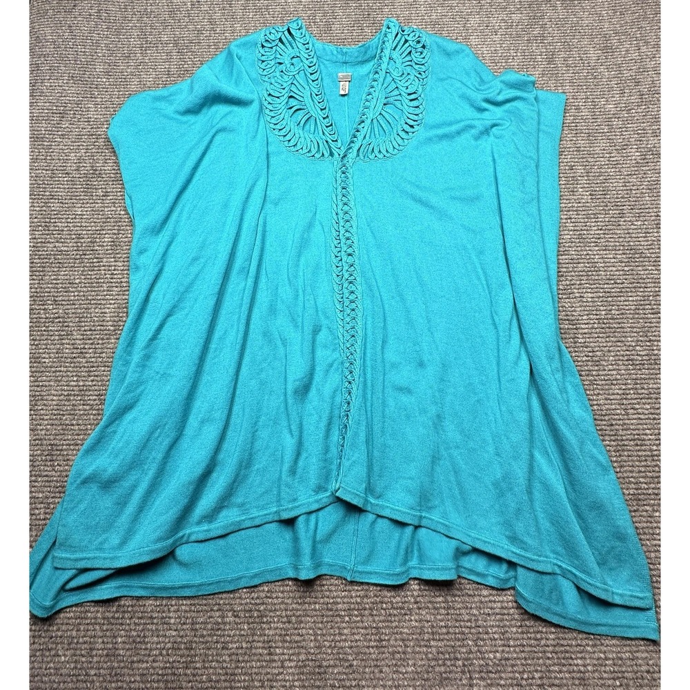 Chicos Cape Sweater Womens One Size Blue Crochet Trim Open Knit Boho Poncho